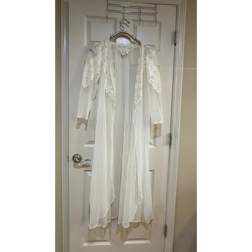 Vintage Victorias Secret Gold‎ Label Sheer Lace Robe Ivory Long Nightgown Small